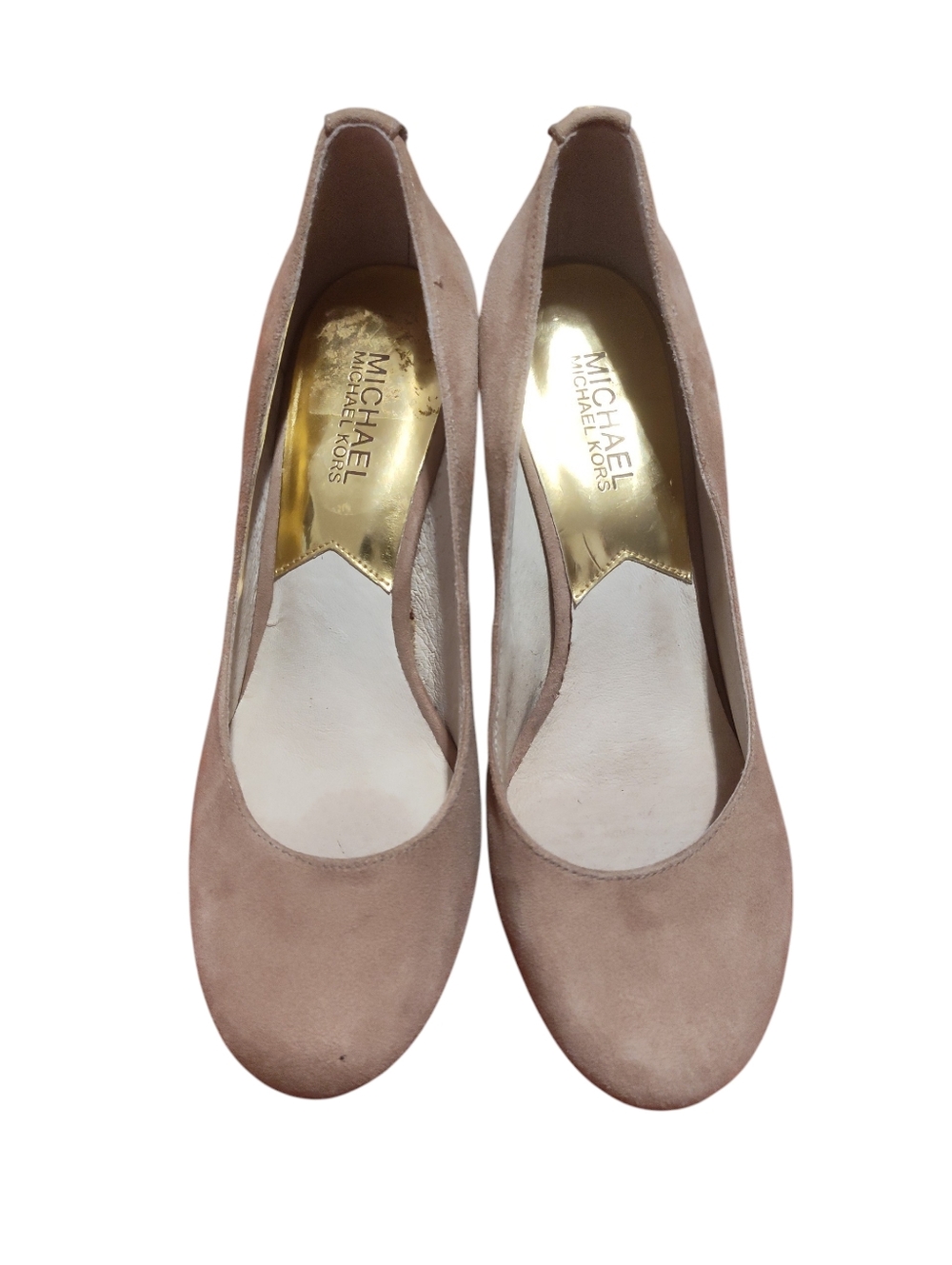Michael Kors Tan Suede Platform Pumps Round Toe Stiletto Heels Gold Logo Size 7M